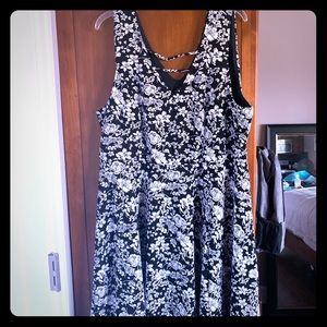 Black with white floral print mid-length dress